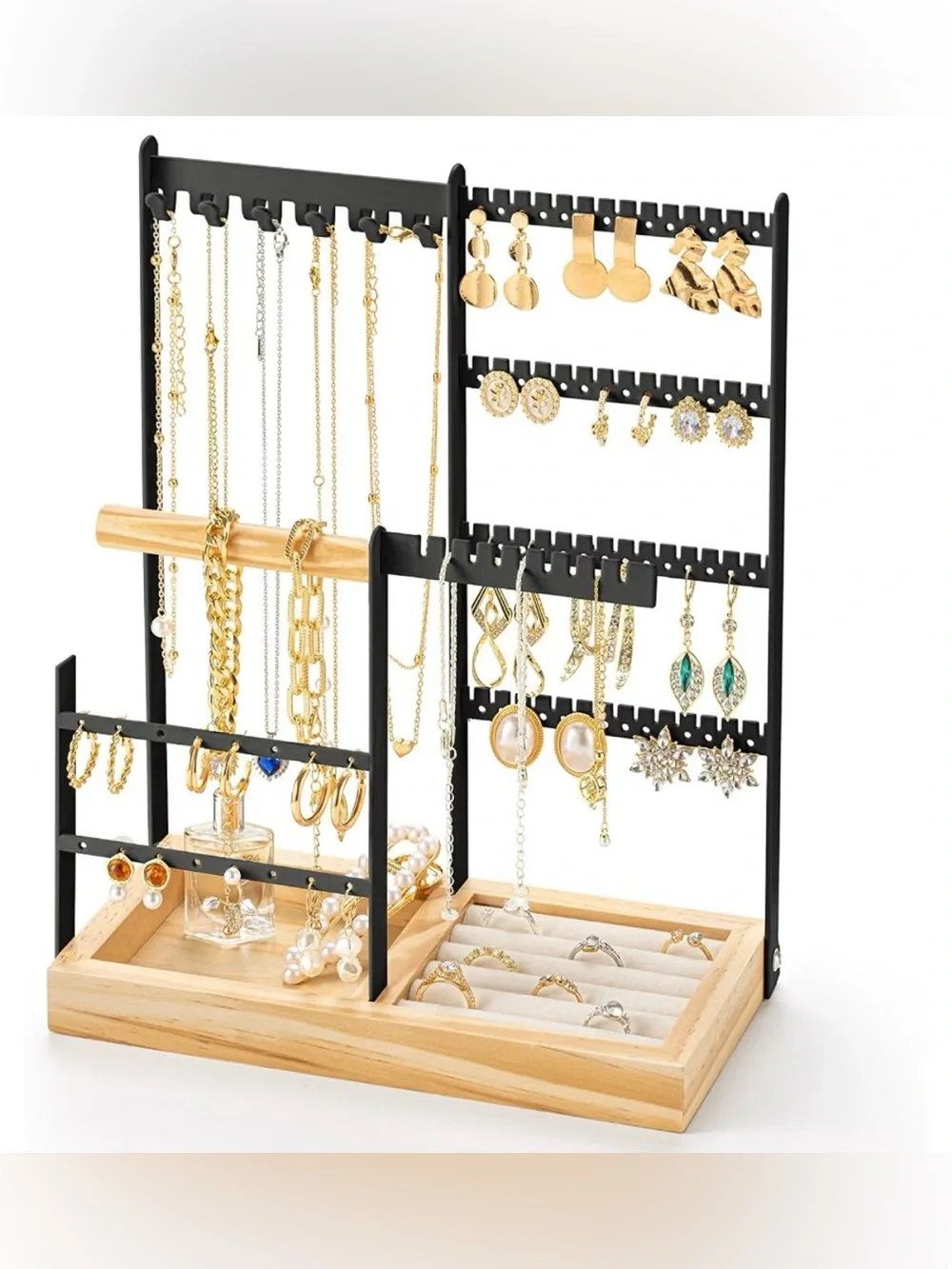 Black and Wood Jewelry Organizer Stand with Earring & Ring Tray